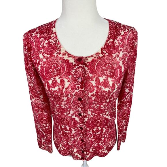 Talbots Merino Wool Button Front Cardigan Sweater Medallion Floral Red Sz MP - Picture 3 of 11
